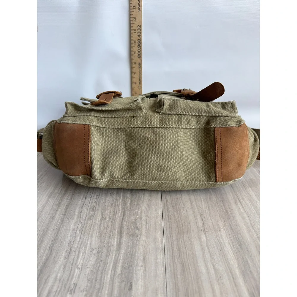 Sechunk Messenger Bag Olive Green Canvas Leather Trim Vintage Military Travel
